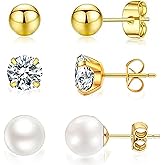 14K Gold Plated & Silver Stud Earrings Set 20G Hypoallergenic 316L Surgical Steel Piercing Studs, 3-5mm Small CZ Ball Pearl Bore Earrings for Sensitive Ears Women Men Pack of 3 Pairs