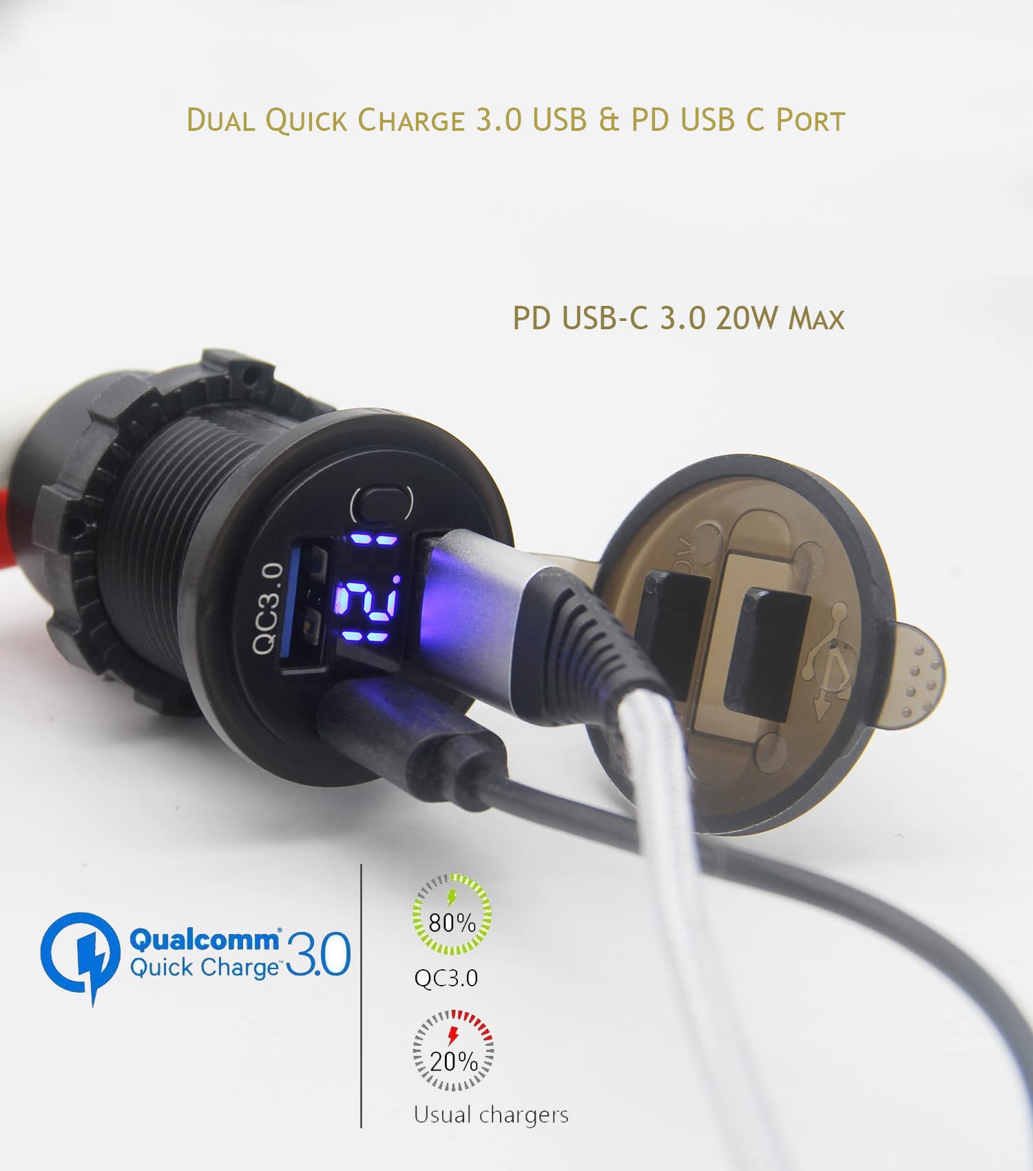 Dual USB Quick Charge 3.0 Port & PD USB C Car Charger Socket, 12V USB Outlet with Voltmeter and Power Switch for Car Boat Marine Truck