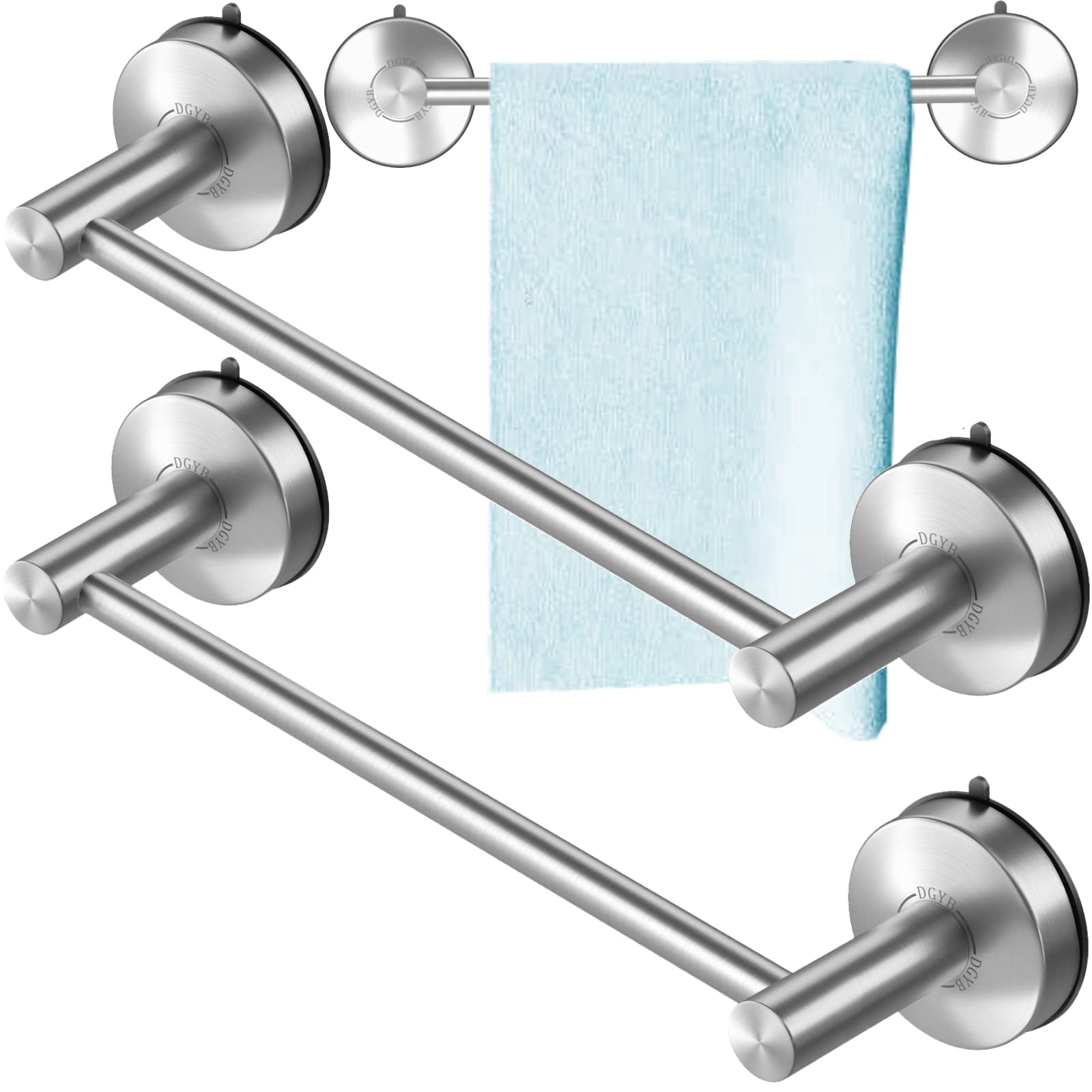Photo 1 of DGYB Suction Cup Towel Bar for Bathroom 17 Inch Set of 2 Brushed Nickel Towel Holder Stainless Steel Premium Kitchen Towel Rack Wall Mounted