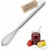 11-Inch Slim French Whisk, Small Whisk, 18/8 Stainless Steel, Long Handle | Thin Mini Wire Whisk Fits Mason Jars and Tumblers; for Eggs, Sauces, Dressings, Coffee and Protein Drinks; Dishwasher Safe