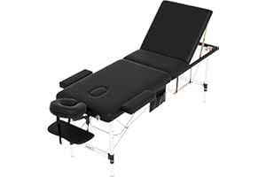 ABET Massage Table, 3 Fold Portable Lash Bed Tatto Bed, Height Adjustable Spa Facial Bed 3 Sections with Face Cradle, Detachable Armrest, Aluminum Frame & Accessories Carrying Bag, Black