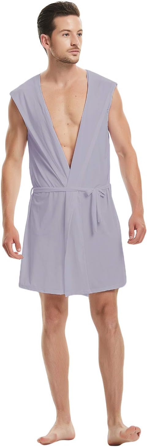 Haseil Men's Silk Kimono Bathrobe Hooded Sleeveless Open Front Sleepwear Pajamas