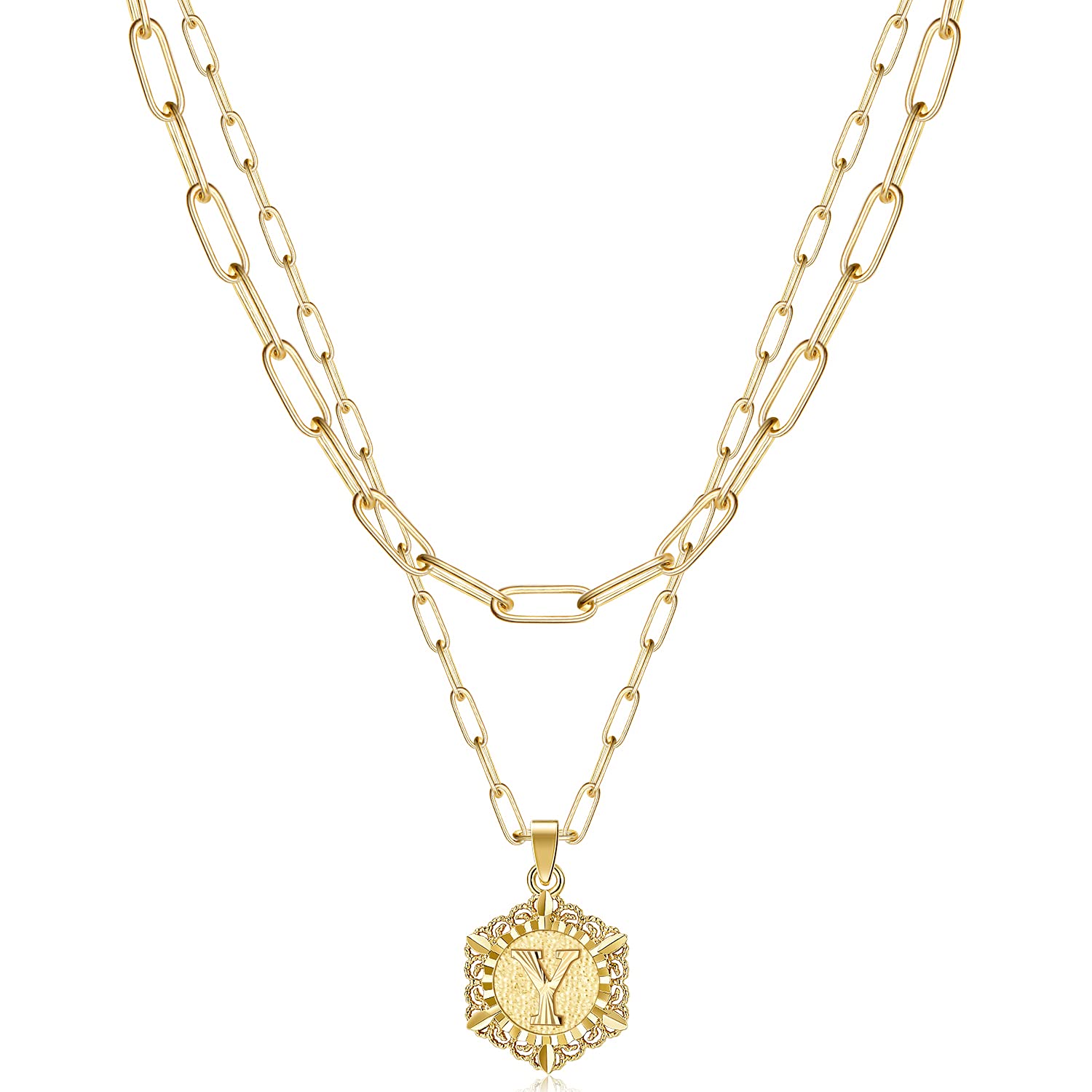 KissYan Initial Necklaces for Women, 14K Gold Plated Hexagon Letter Pendant Silver Chain Dainty Layered White Gold Paperclip Link Adjustable Capital A-Z Choker Necklace Trendy Jewelry Gifts