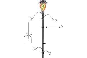 LUJII Solar Shepherds Hooks for Outdoors, Bird Feeder Pole with 4 Adjustable Hangers and 1 Flag Holder, Garden Stand for Hummingbird Feeders, Wind Chimes, Plant Baskets, Lanterns (Red)