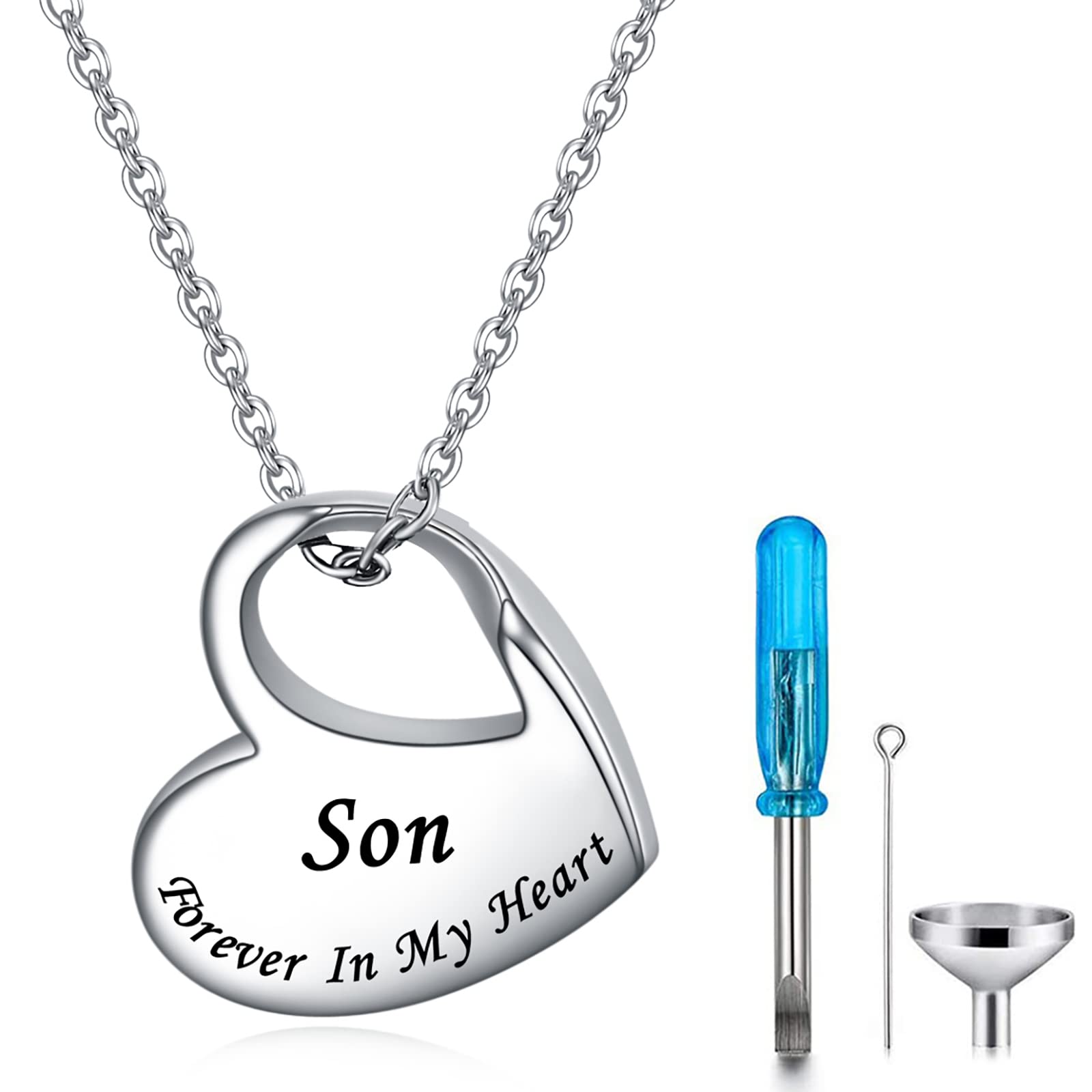 YOTHIWAD Heart Urn Necklace for Ashes Cremation Jewelry Forever in My Heart Engraved Stainless Steel Keepsake Waterproof Memorial Pendant for loved One with Filling Kit(Son)