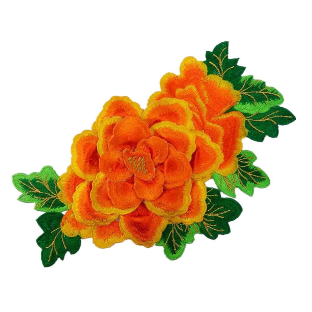 Large Multi Layers Peony Flower Patches Iron on Patches with Green Leaves Embroidered Applique Motif for DIY Clothes Embellishments Bag Purse Making(Yellow)