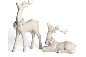 DN DECONATION 2pcs White Christmas Reindeer Statue, Indoor Reindeer Decor, Tabletop Resin Deer Figurine