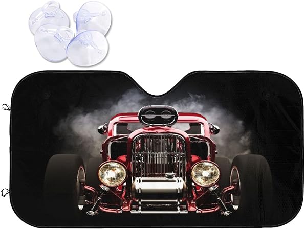 Amazon Patinisa 車用 遮熱 サンシェード 蒸気機関車 ビンテージ アメリカン ホット ロッド ロードスター スモーク レース付き 車遮光カーテン 車中泊 日よけ 日除け 折り畳み 日焼け防止 フロントガラス用 フロントカバー カーサンシェード 紫外線対策 サンシェード