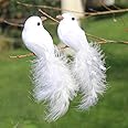2pcs Artificial Birds White Dove Love Birds Clip on Flocked Feathered Bird Ornaments 5Inch for Wedding Decoration Christmas Tree Decor Wreath Crafts