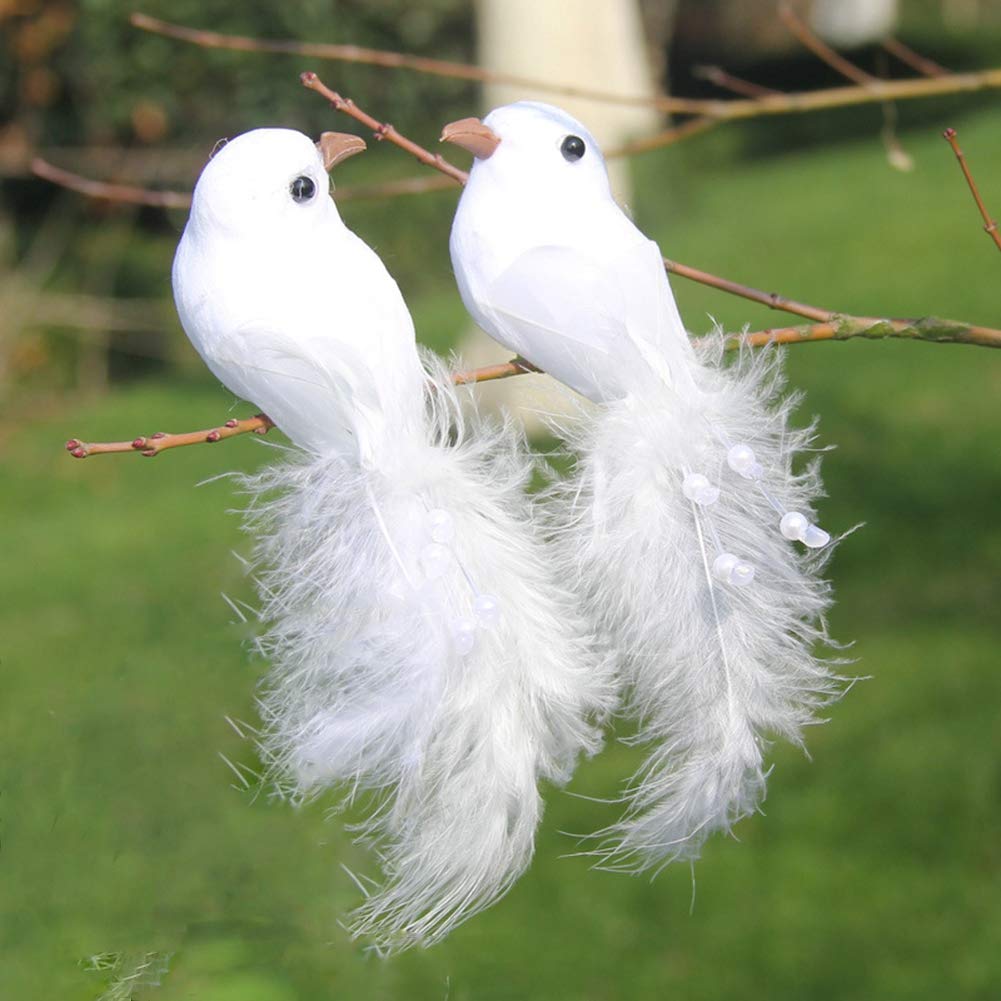 LWINGFLYER 2 Pcs White Artificial Foam Birds with Clip Pearl Feather Birds Ornaments DIY Craft for Wedding Decoration 14 cm/5.5 inch