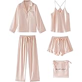 SAPJON Satin Silk Pajamas for Women Set 5PCS Classic Button Down Pajamas Top and Pants Cami and Ruffle Shorts Sleepwear
