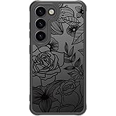Dumkery Cute Case Compatible with Samsung Galaxy S23 Plus Case, Aesthetic Black Line Art Floral Rose Pattern Print, Galaxy S23+ PC Heavy Duty Protection Shockproof Cases Cover for Girls Women