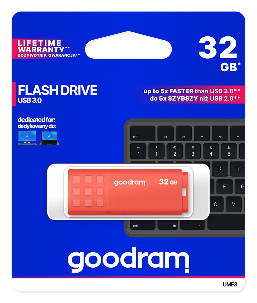 goodram USB Memory Stick with 32GB UME3 - USB 3.0 Data Storage Pen Drive - Read Speed up to 60 MBs - Memory Stick - USB Flash Drive with Plastic Housing - Orange