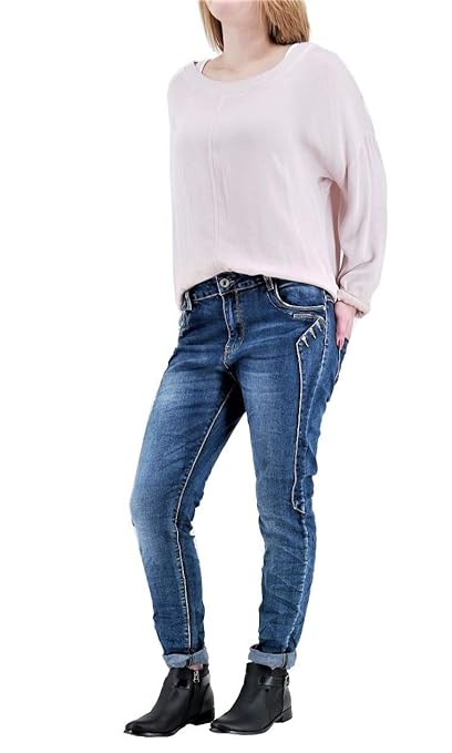 Karostar Damen Stretch Jeans Boyfriend Chino Glitzer STRASS Baggy Hose Reißverschluss (8530)