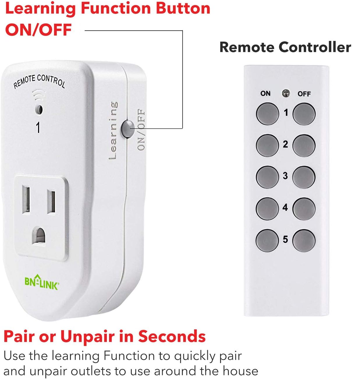 BN-LINK ES1513-5-2 Wireless Remote Control Outlet with Extra Long Range (5 Pack) - - 