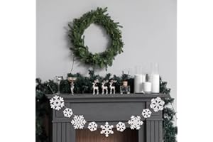 OVOOTOK Wooden Christmas Snowflakes Ornaments, 9PCs White Snowflake Chain Hanging Ornament for Mantlepiece Window Front Door, Rustic Snowflake Embellishments Christmas Tree Decorations (White)