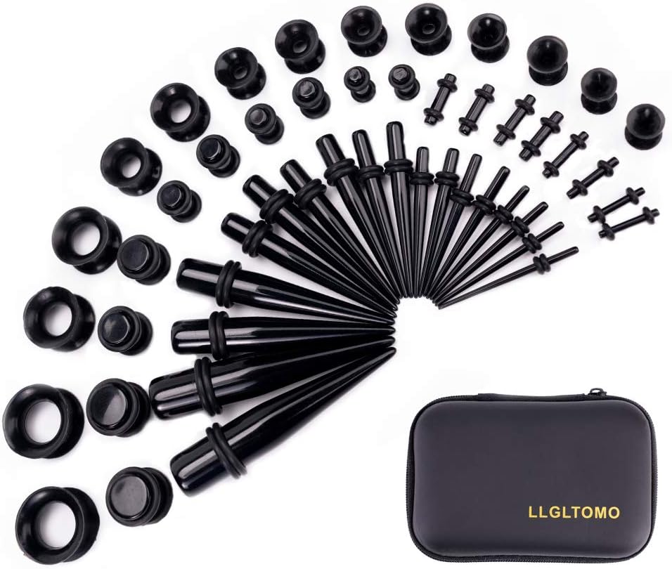 LLGLTEC Ear Stretching Kit 50 Pieces 14G-00G Ear Gauges Expander Set Acrylic Tapers and Plugs & Silicone Tunnels Body Piercing Jewelry Set with EVA Box