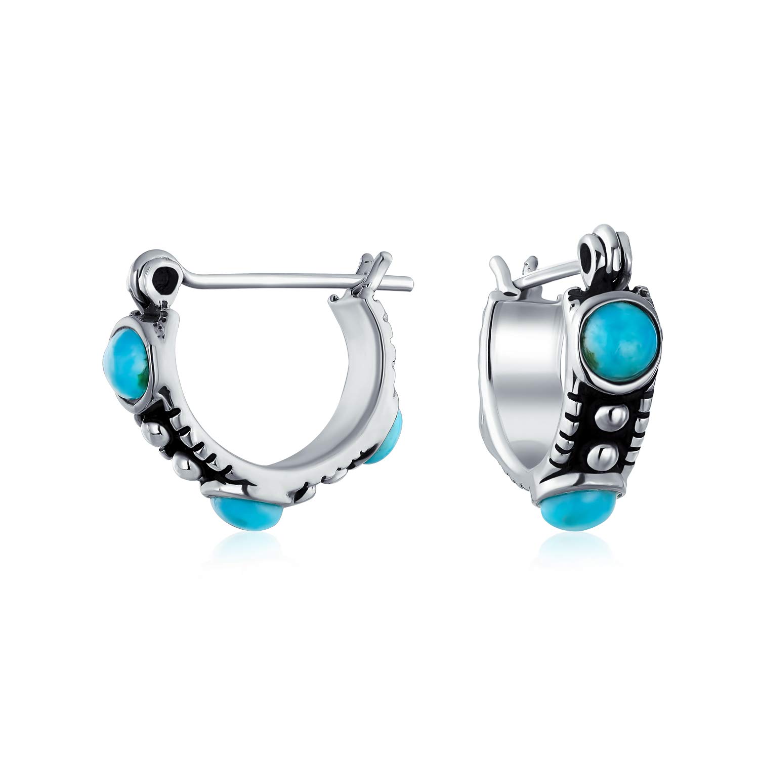Bali Boho South Western Blue Stabilized Turquoise Bead Small Huggie Hoop Earrings For Women Teen .925 Sterling Silver