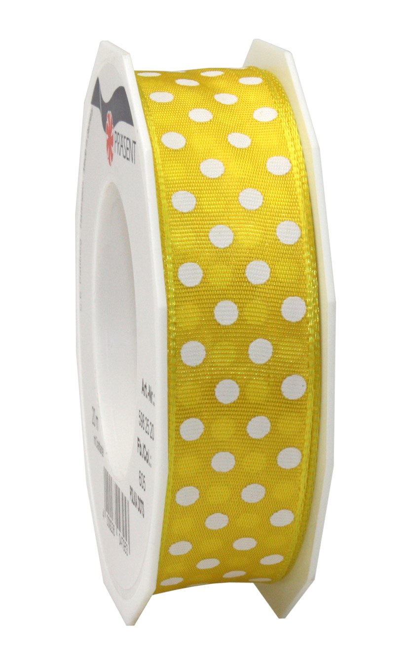 PRÄSENT - Polka Dots Wired & Printed Ribbon Yellow 25 mm width, 20 m length — image 1