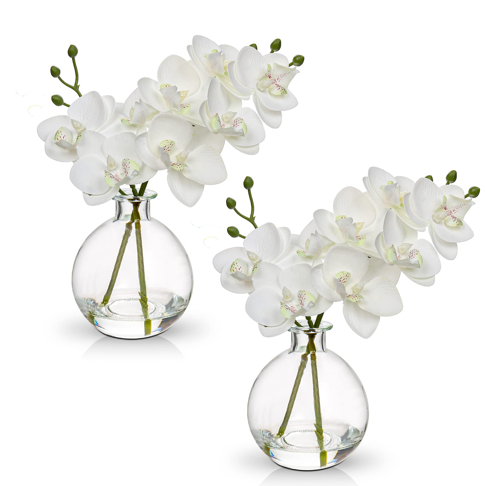 Photo 1 of White Orchids Artificial Flowers Faux Orchid Arrangement with Clear Glass Vase Set of 2 Real Touch Phalaenopsis Orchid Flowers Orchid Centerpiece for Dining Room Table