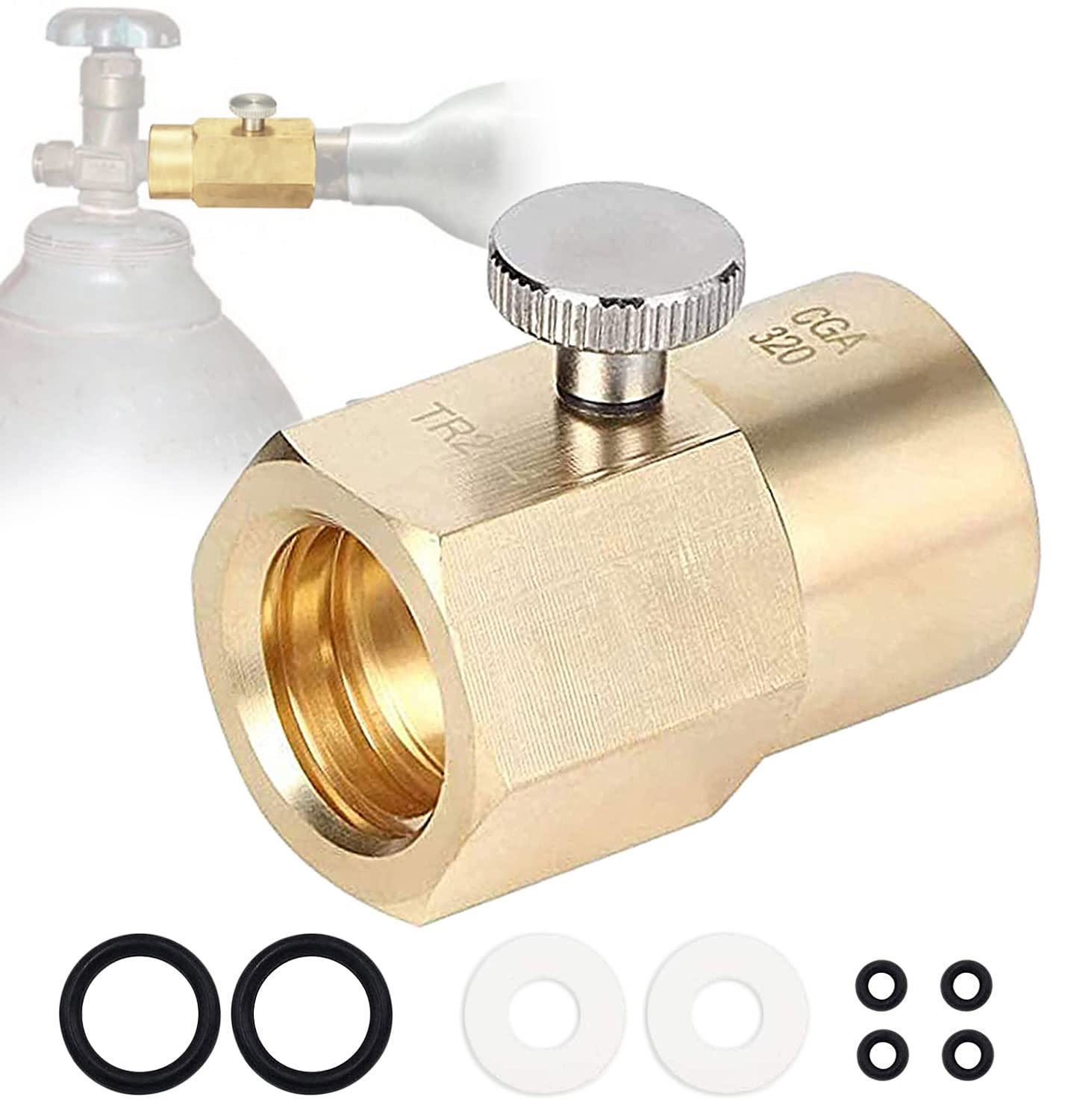Photo 1 of Farwind Home Use Soda Refill Bottle CO2 Cylinder Cartridges, Adapter Refills Connector Kit CGA320 to TR21-4, Thread Set Replacement Accessories for Soda Machine Tank, Gold