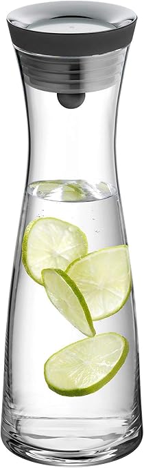 WMF Basic Glass Water Carafe Jug - 1.5 Liter (50 Oz) With Smart Tilt-Pour Closure & Integrated Strainer, Fits In Fridge Door