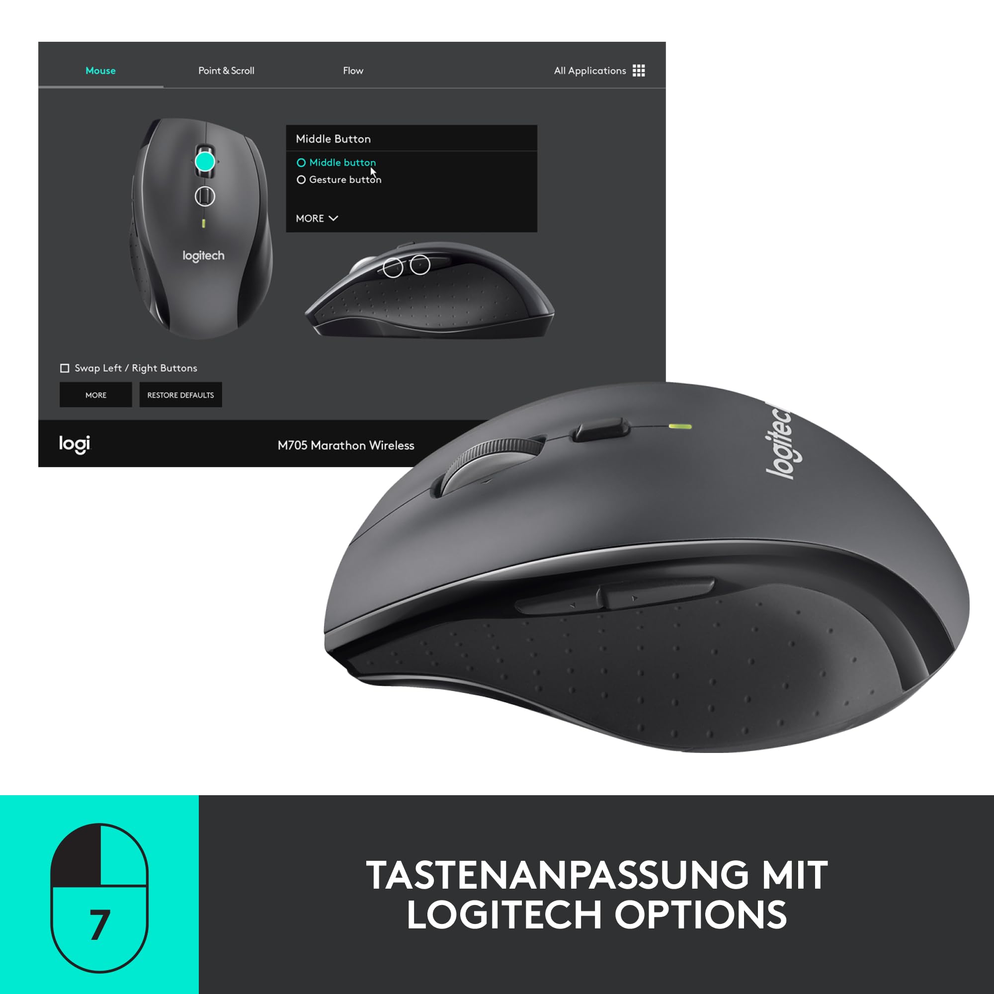 Logitech M705 Marathon Kabellose Maus, 2,4 GHz mit USB-Unifying-Empfänger, 1000 DPI, 5 programmierbare Tasten, 3-Jahres-Batterie, Kompatibel mit PC, Mac, Laptop und Chromebook - Grau 4