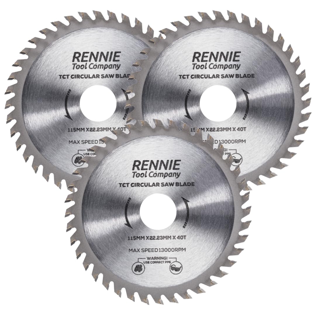 Rennie Tools - Pack Of 3 x 115mm Circular Saw Blade TCT Wood Cutter Blade. 40 Teeth (40T) Carbide Tipped Saws for Woodworking Wood Cutting 7/8 inch (22.23mm) Bore + 20mm and 16mm Reduction Rings.