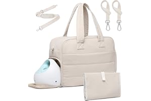 BAVERGE Diaper Bag with Breast Pump Laptop Compartment, Puffer Quilted Tote Bag with Baby Changing Pad Stroller Buckle Straps