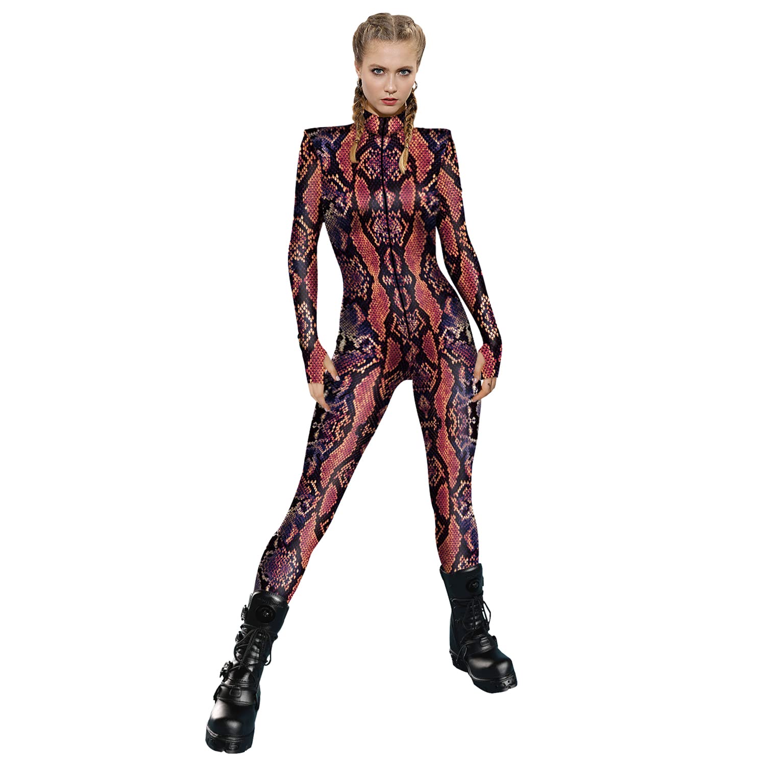 Photo 1 of YESBOR Women's Halloween Snakeskin Bodysuit Costume Skinny Cosplay Jumpsuit Catsuit Red M
