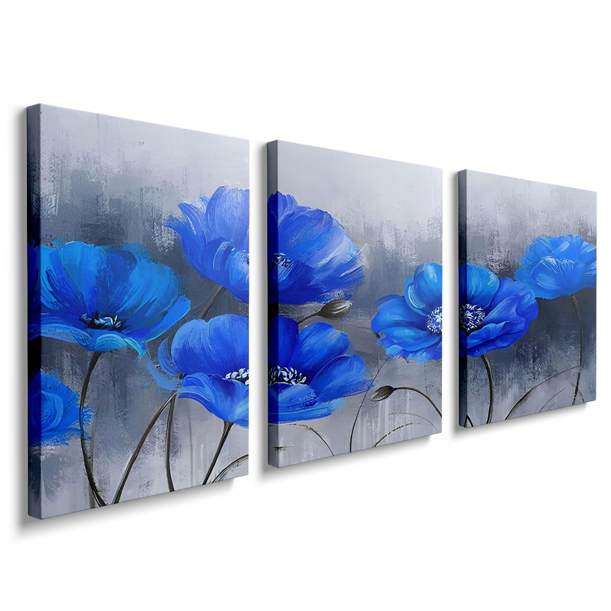 Pictures for Kitchen Walls Blue Flower Prints Wall Art Decor for Bedroom Framed Canvas Art Decoration Set of 3 Photos, YH098