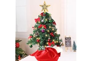 Juegoal 24 Inch Mini Christmas Tree Set, Table Top Artificial Christmas Trees with 50 LED Lights, Ornaments and Red Berries, Best DIY Christmas Decorations