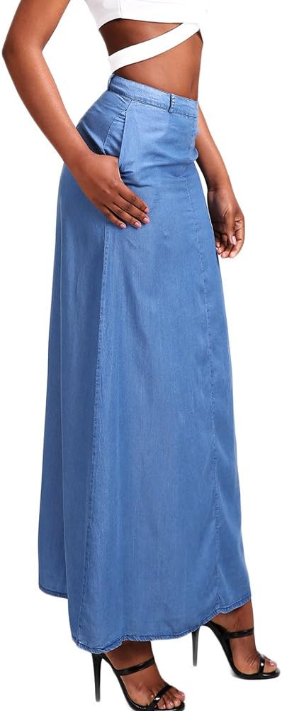 Vinteey Women Vintage Ethnic Style Bohemian Denim Long Skirt Maxi Skirt Dress (X-Large, Blue)