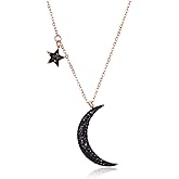 TEMICO Rose Gold Plated Stainless Steel Black Crystal Cubic Zirconia Star Moon Crescent Pendant Necklace for Women
