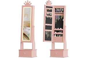 Joankaren Kids Jewelry Armoire Cabinet with Full-Length Mirror & LED Light – 46" Kids Jewelry Organizer with 3 Drawers, Ring 