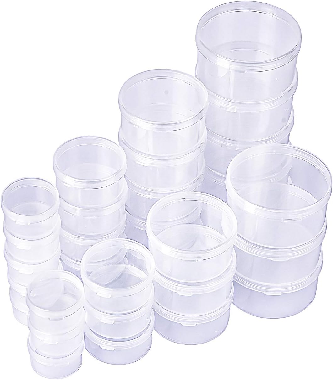 LJY 36 Pieces Mixed Sizes Round Empty Mini Clear Plastic Storage Containers with Lids for Small Items and Other Craft Projects