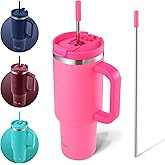 FAHRMOSIS 40 Oz Tumbler with Handle and Straw Insulated Cup that Fits in Cup Holder for Hot & Cold Drinks Leak Proof Tumbler with Straw Stainless Steel Travel Mug for Men & Women - Hot Pink