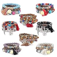 YADOCA 8 Pcs Bohemian Wood Beaded Bracelets Set for Women Boho Multilayer Tassel Strand Elephant Charm Bracelets Stretch