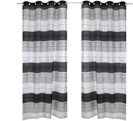 Pair Ready Made Striped Voile Curtains Eyelet Top 57 X 90