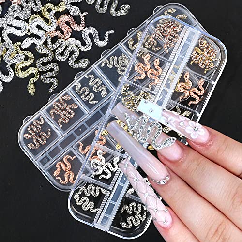 24 pcs/Box 3D Snake Nail Charms with Rhinestones, Gold Silver Snake