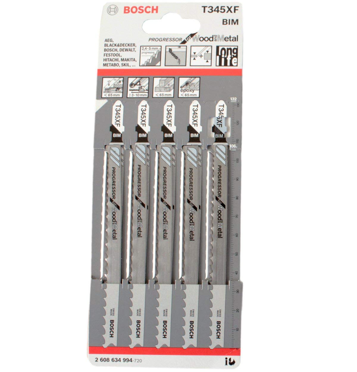 Bosch 2608634994 T345Xf Pack Of 5 Progressor Jigsaw Blade Wood And Metal