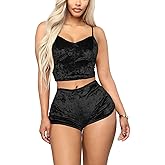 Angsuttc Women's Velvet 2 Piece Outfit Spaghetti Strap Crop Top Shorts Pajamas Set Sleepwear Nightwear