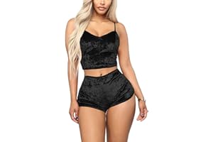 Angsuttc Women's Velvet 2 Piece Outfit Spaghetti Strap Crop Top Shorts Pajamas Set Sleepwear Nightwear