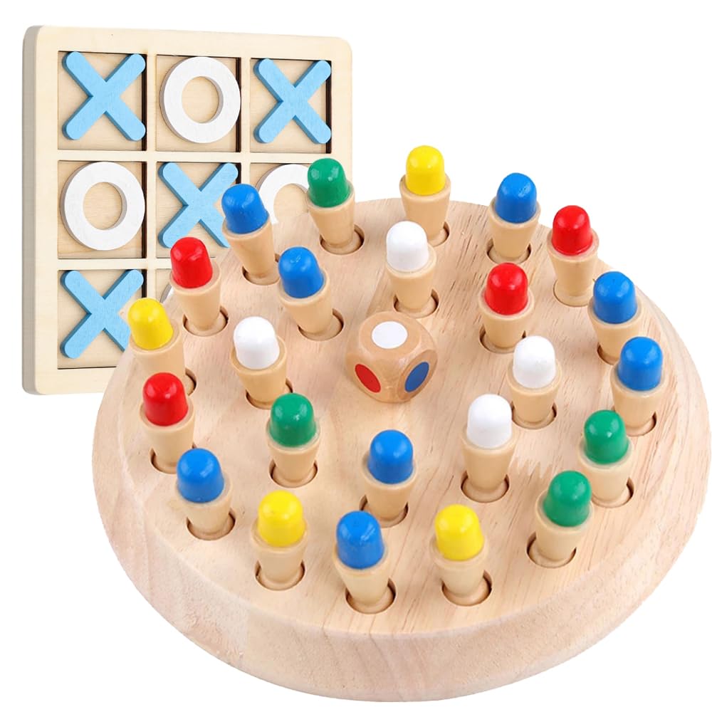 XNFIVE Wooden Memory Chess and Board Tic Tac Toe Game, Kids Wooden Toy Memory Game, Block Board Educational Toy, Color Cognitive Ability Toy Gift for Kid Boys Girls