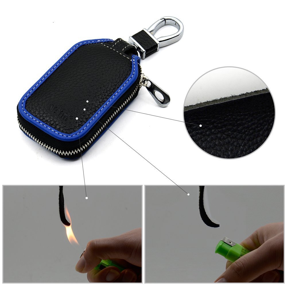 Car Keychain,VSTM Blue Genuine Leather Car Smart Key Chain Coin Holder Metal Hook and Keyring Wallet Zipper Bag for Vehicle Keyless Entry