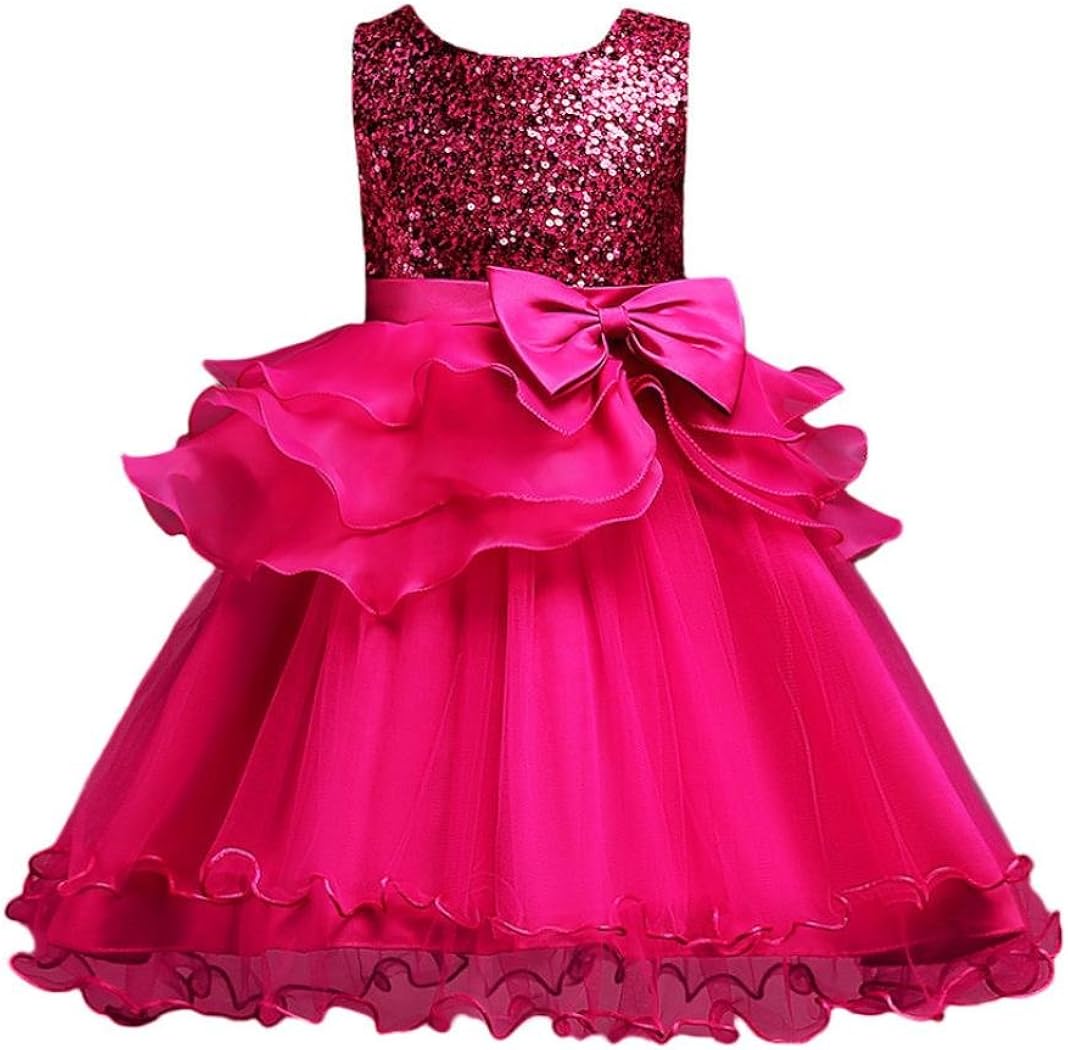 Art9 Girls Princess Dress Sequined Lace Bridesmaid Birthday Party Wedding Dress (Hot Pink, 7