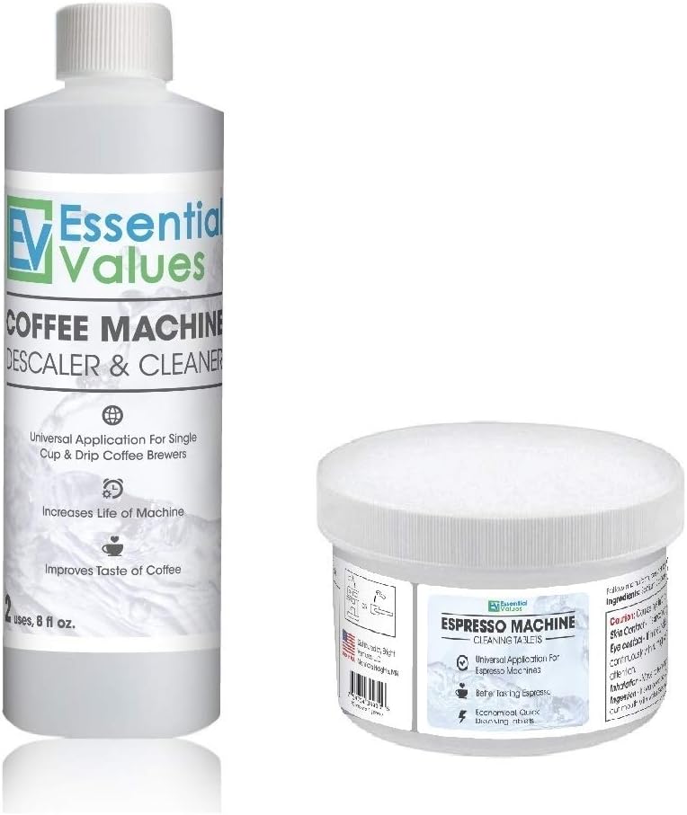 Essential Values Universal Descaling Solution + Espesso Tablets (30 Pack), Designed For Keurig, Nespresso, Delonghi and All Single Use Coffee and Espresso Machines - Proudly Made In USA