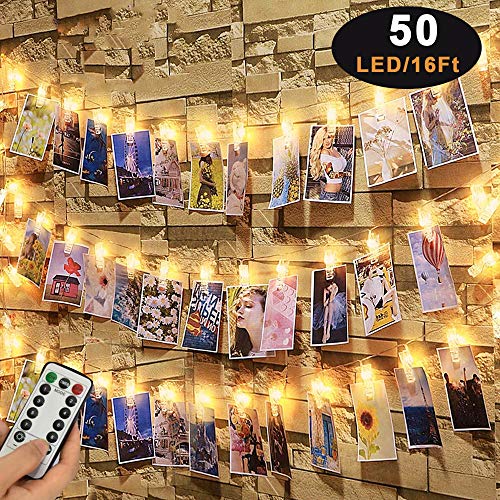 Caprier Luxury Photo Clips String Light, 50 LED Big Clips, Dimmable 8 Modes with Timer, USB or Battery Powered, Dorms Decoration, Photo String with Clips Hanging Polaroid, Teenage Girl Gifts