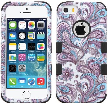 MyTurtle Shockproof Ultra Slim-fit Case Bundled with [9H Tempered Glass] Screen Protector Shock-Absorption and Anti-Scratch Bumper Back Cover for iPhone SE 5S 5 (Mod Leather Purple European Flowers)