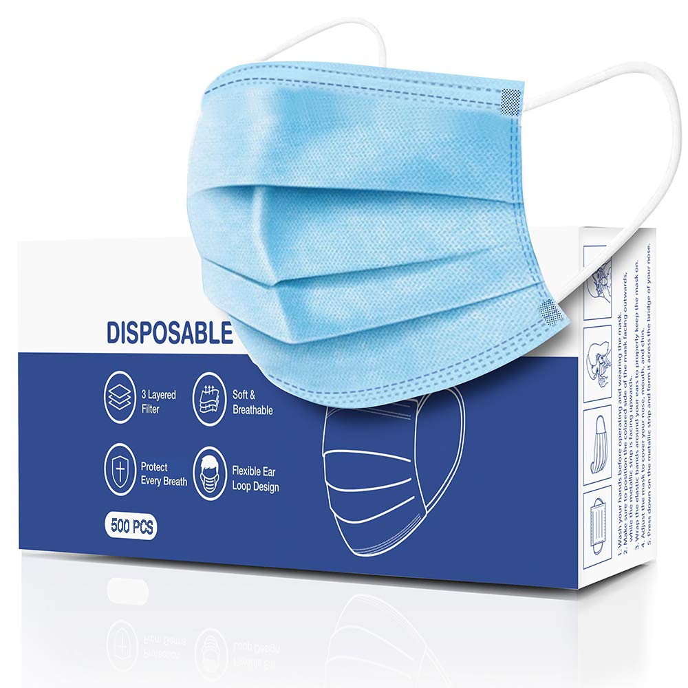 CandyCare Disposable Face Masks, Pack of 500 - Dust Particle 3-Layer Design with Earloop Protective Cover (OTB00101)